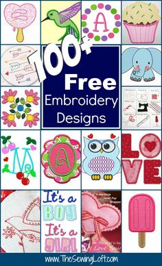 an image of embroidery designs with the words 100 free embroidery designs on it and images of different