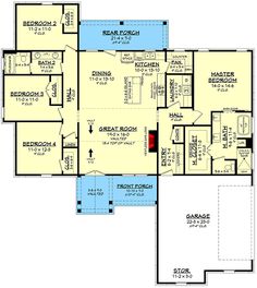 the first floor plan for a home with two master suites and an attached garage area