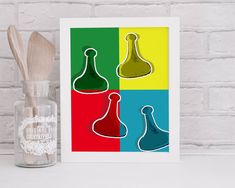 an art print with three bottles and spoons in front of a brick wall