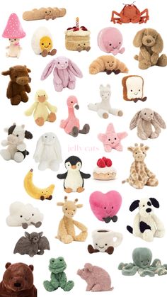 many different stuffed animals are shown together