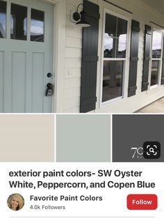 the exterior paint colors - sw oyster white, peppercorn, and copper blue