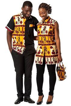 African Print women's shirt- Professional or casual wear- Classic collar- Slits on the sideMade with 100% Ankara fabric Couple Wardrobe, African Print Shirts For Men, African Shirts Designs, African Couple, Couples African Outfits, African Print Shirt, African Traditional Wear, Couple Matching Outfits, Traditional African Clothing