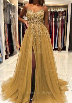 A Line V Neck Spaghetti Straps Sweep Train Tulle Prom Dress Outfits For Women With Beading Sequins Split Stunning Prom Dresses, Looks Party, Cute Prom Dresses, Prom Dress Inspiration, Long Prom Dresses, Pretty Prom Dresses, Custom Size Dresses, Grad Dresses, Prom Outfits