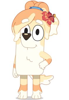 an orange and white dog with a flower in its hair