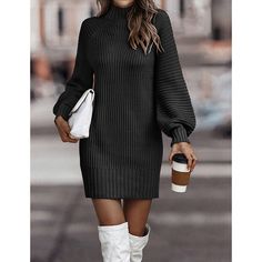 Black Long Sleeve High Collar Sweater Dress Spring Cardigans, Raglan Sleeve Sweater, Sweater Dress Outfit, Elegant Mini Dress, Outfit Invierno, Long Sleeve Knit Dress, Fashion Tights, Sweater Dresses, Sweater Dress Women