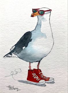 a watercolor painting of a seagull with sunglasses on it's head