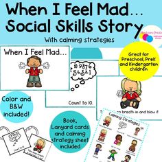 a poster with the words when i feel mad, social skills story and other activities