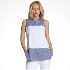 Hinson Wu Lea Sleeveless Foundation Layer In Gingham Size Small New Without Tags! Brand New Concept In Layering: Wear The Lea Under Your Favorite Sweaters, You Get To Pop The Collar And Show The Shirttail Without Having To Fuss With The Bulk Of Sleeves. The Collar And Shirttail Are Made Of Stretch Polished Cotton For Crispness, While The Bodice Is Made Of "T" Jersey Knit For That Slimming Effect. Measurements: Bust 36”, Length 29.5” Pictures Are The Most Accurate Descriptor Of Condition. Please Sleeveless Gingham Tank Top For Spring, Chic Sleeveless Plaid Top, Summer Preppy Workwear Tops, White Sleeveless Preppy Top, 5 Pictures, Favorite Sweater, Knit Jersey, Gingham, Bodice