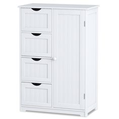 a white wooden cabinet with three drawers