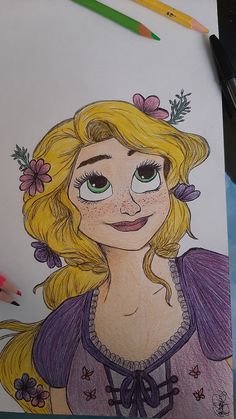 a drawing of a girl with blonde hair and flowers in her hair, wearing a purple dress