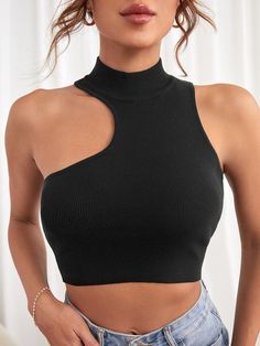 Mock Neck Cut Out Ribbed Knit Crop Top | SHEIN USA Visual Clothing, Mock Neck Crop Top, Top Shein, Diy Fashion Clothing, Classy Casual Outfits, Classy Casual, Knit Tops, Knit Crop Top, Knit Crop