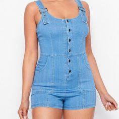 Denim Blue Romper Casual Blue Denim Jumpsuit With Button Closure, Chic Blue Cotton Denim Jumpsuit, Chic Blue Denim Jumpsuit With Button Closure, Blue Denim Jumpsuit With Button Closure For Summer, High Rise Blue Denim Jumpsuit For Summer, Trendy Blue Denim Jumpsuit For Day Out, Blue Denim Jumpsuit With Button Closure, Blue High-rise Denim Jumpsuit, Blue High Rise Denim Jumpsuit