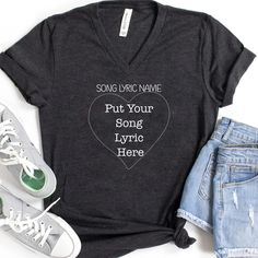 Personalized Song Lyric Women's Relaxed T-Shirt, Custom Song Women's V-neck, Custom Lyric Unisex V-neck, Add Favorite Lyric Unisex Shirt Celebrate your favorite song with this Personalized Song Lyric Women's Relaxed T-Shirt! 🎶 Featuring a customizable heart design, this shirt lets you proudly wear your cherished lyrics. Perfect for music lovers and a unique gift idea! Soft and comfortable fabric, perfect for everyday wear Customizable with your favorite song lyrics, making it a one-of-a-kind pi Song Lyric Shirts, This Song Reminds Me Of You Shirt, Christian Song Lyric Shirts, Music-themed Cotton T-shirt For Music Festival, Unisex Music-themed T-shirt For Concerts, Favorite Song Lyrics, Song Lyric, Favorite Lyrics, Favorite Song