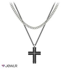 Create the perfect gift for yourself or someone special with a modern and unique men's bundle featuring an engravable black steel cross necklace layered with a bold Cuban link chain. Available with stainless steel or yellow ion-plated steel detailing, our custom black ion-plated steel cross pendant can be personalized with a meaningful engraving and comes suspended on a matching 22-inch chain. The Cuban link chain is 5mm wide and 20 inches long. Perfect together, each necklace has a lobster clas Cross Necklace Layered, Steel Detailing, Mens Layering, Engraved Cross, Necklace Layered, Perfect Together, Steel Cross, Necklace Layering, Cuban Link Chain