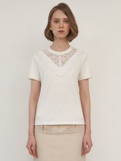 Editor's Notes This Flower Lace T-shirt is a feminine short-sleeved T-shirt with lace coloring on the neckline and features a naturally falling Scallop lace line. It provides a comfortable fit using a polyester mixed fabric with a soft touch. - Short sleeves- Lace coloring on the neckline- Naturally falling Scallop lace line- Polyester mixed fabric with a soft touch Measurements(in.)Size: Size (S/M)- Total Length: 22.83in. / 23.03in.- Shoulder: 14.17in. / 14.56in.- Chest: 17.71in. Spring Crew Neck T-shirt With Lace Top, Spring T-shirt With Lace Trim And Crew Neck, Summer Lace Top T-shirt With Crew Neck, Summer Lace Top Short Sleeve T-shirt, Summer Lace Top T-shirt, Summer Short Sleeve T-shirt With Lace Top, Spring Lace Top T-shirt With Crew Neck, White Lace Collar Top With Short Sleeves, White Crew Neck T-shirt With Lace Trim