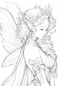 a drawing of a fairy with flowers on her wings