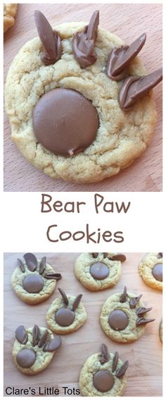 some cookies with chocolate on them and the words bear paw cookies