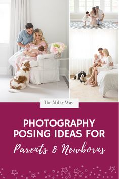 the family is posing for photos with their baby and two small dogs in front of them