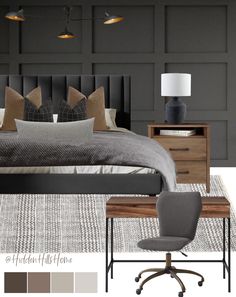 a bedroom with gray walls and furniture, including a bed, desk, chair, lamp, dresser and side table