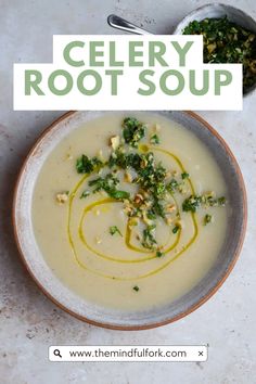 a bowl of celery root soup on a table