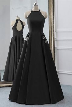 Simple Black Satin Open Back Long O Neck Prom Dress Black Satin Dress Long Prom, Black Formal Dress Long Classy, Black Satin Gown, Halter Prom Dresses, Prom Dress Evening, Satin Noir, فستان سهرة, Dress Evening, Dress Picture