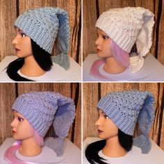 four different views of a woman's hat on a mannequin head