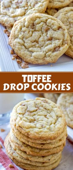 three different views of cookies with the words toffe drop cookies on top and bottom