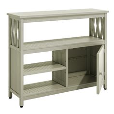 an entertainment center with two shelves and one shelf on each side, all in white