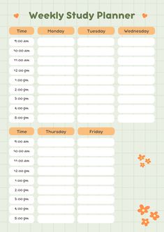 the weekly study planner is shown in orange and green with an orange flower on it