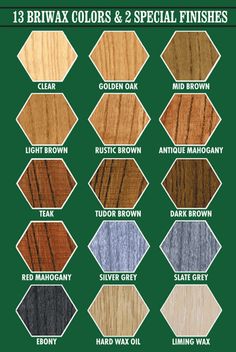 the color chart for different wood finishes on a green background with text that reads 13 briax colors and 2 special finishes