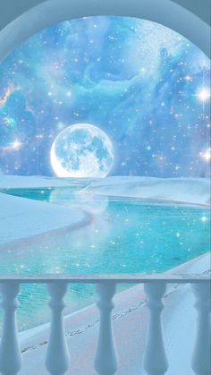 an image of a snowy night with the moon in the sky and stars on the water