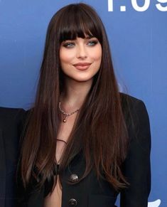 Long Bob With Bangs And Highlights, Medium Dark Hair With Bangs, Dark Brunette Hair With Bangs, Long Whispie Bangs, Dark Chocolate Brown Hair With Bangs, Dakota Johnson Hair Color, Bangs 2023, Dakota Johnson Bangs