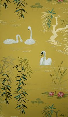 a wallpaper with swans and bamboo leaves