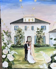 a painting of a bride and groom in front of a white house