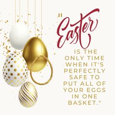 an easter card with gold, white and red eggs hanging from strings on the wall