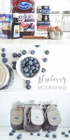 the ingredients for blueberry cheesecake are displayed in mason jars, along with other items