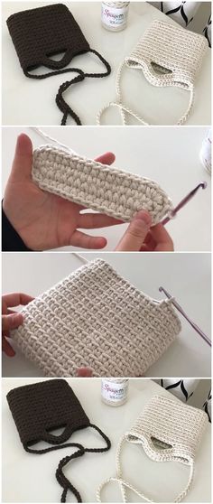 the crochet purse is being made with yarn