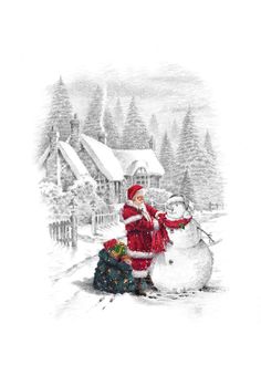 a drawing of santa claus building a snowman