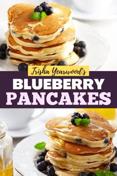 blueberry pancakes are stacked on top of each other and topped with fresh blueberries