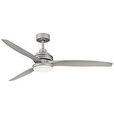 a ceiling fan that is on top of a white wall with a light underneath it