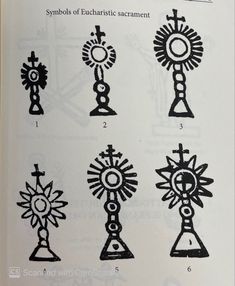 an open book with different symbols and numbers on the front cover, including crosses, sunbursts, and cross - shaped objects