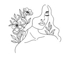 a drawing of a woman with flowers in her hair and the face is drawn by hand