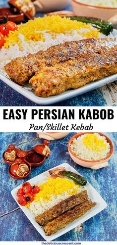 an easy persian kabob recipe with rice and vegetables on the side is shown