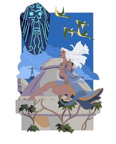 a woman sitting on top of a rock next to a giant blue bird in the sky