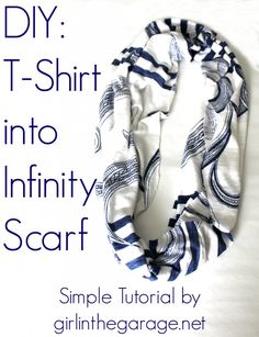 a white and blue scarf with the words diy t - shirt into infinity scarf