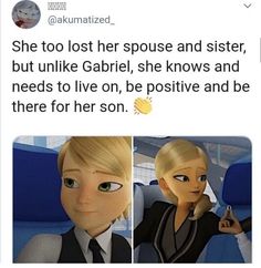 an image of two cartoon characters with caption that reads, she too lost her house and sister, but luke gabril, she knows and needs to live on, be positive and there for her son