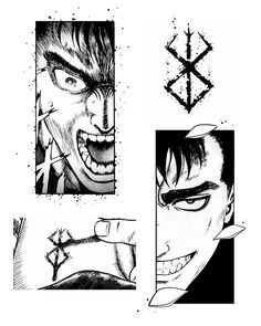 some black and white drawings with different expressions on them, including an evil man's face