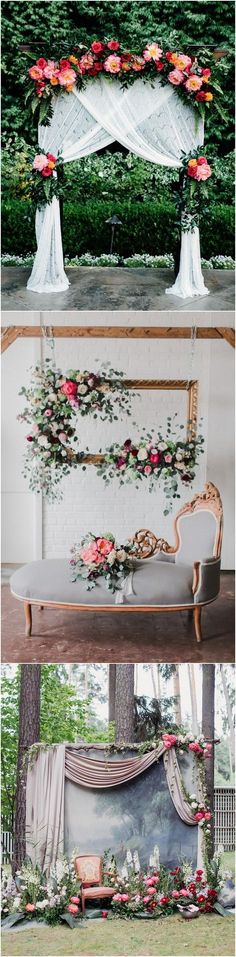 an outdoor ceremony with flowers and greenery on the wall, in front of a white couch