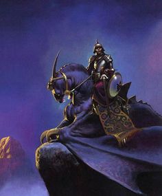 a man riding on the back of a horse next to a giant purple creature with horns