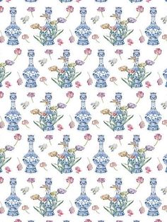 a blue and white wallpaper with flowers in vases on the bottom right side